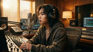 Swae Lee capturing magic in a golden-lit studio
