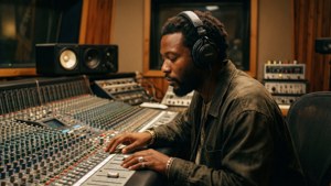 Talib Kweli skaber beats i et klassisk optagestudie.