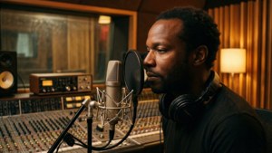 Talib Kweli äänitysstudiossa, lämpimät sävyt, keskittynyt musiikkiin
