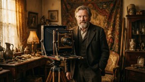Frederick Gutekunst posa con una cámara antigua en un estudio victoriano, tonos ámbar cálidos.