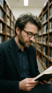 Man with glasses reading a book in a library aisle. — Adrien Agreste Background