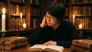 Nozomu Hatori læser en bog ved levende lys på et bibliotek.