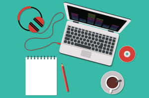 Creative workspace with laptop headphones notebook pencil and coffee on teal background. — Coffee Laptop Picture