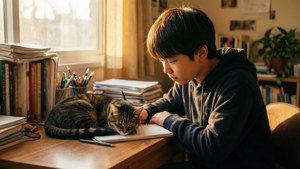 En student som studerar med en katt som sover på skrivbordet.