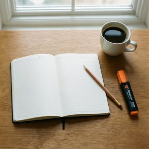 Een minimalistische flat lay van studiebenodigdheden op een houten bureau met natuurlijk licht.