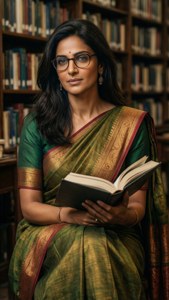 Bipasha Basu lisant à la bibliothèque en sari