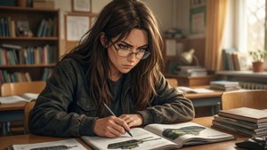 Wilhelmina studiert Panzerhandbücher im Unterricht.