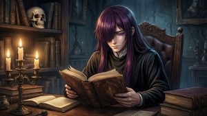Ainz si immerge in antichi tomi nella sua biblioteca privata.