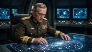 Admiral Piett analyzes a holographic star map in his quarters.
