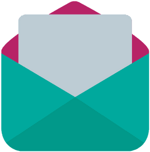 Teal and magenta flat vector envelope icon with gray card inside.