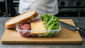 A culinary-style shot of Lunchables sub ingredients on a cutting board.