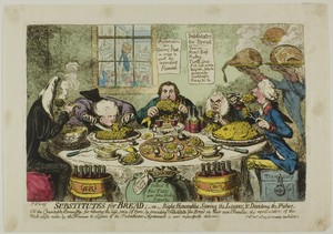 Substitutes for Bread by James Gillray, created published December 24, 1795, in Etching in dark brown, with handcoloring, on cream wove paper. Download this art