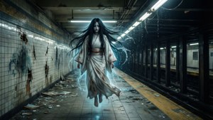 Seorang yurei melayang melalui stasiun bawah tanah yang terbengkalai dengan cahaya neon yang menyeramkan.