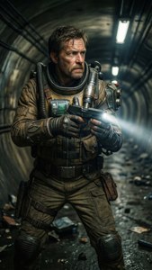 En hvelvbeboer navigerer i en mørk tunnelbane med en pistol trukket.