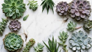 Flat lay av sukkulentklipp og blader på marmor, elegant botanisk stil.