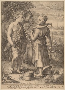 Summer by Jan Saenredam, created 1601, in engraving. Download this artwork as a high-resolution wallpaper for desktop, tablet, or mobile. — Jan Saenredam Wallpaper