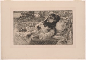 Summer Evening by James Tissot, created 1881, in Drypoint in black on cream wove paper. Download this artwork as a high-resolution wallpaper for desktop, tablet — Illustration Background
