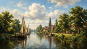 Zomers rivierlandschap in Jacobus van Gorkom jr. stijl met boten en dorpskerk
