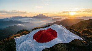 Japanse vlag op bergtop bij zonsopgang.