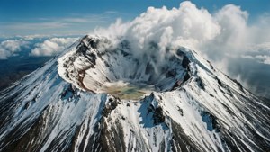 Ripresa aerea con drone del cratere innevato del Monte Taranaki, nuvole, cielo drammatico