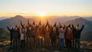 Forskelligartet gruppe på en bjergtop ved solopgang, der fejrer mental styrke.