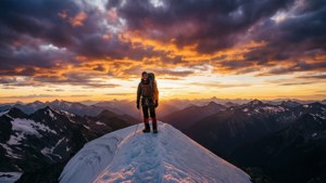 En fjellklatrer på en snødekt topp ved solnedgang, som representerer suksess og besluttsomhet.