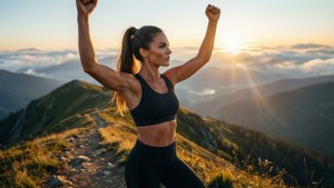 En kvinde fejrer sin sejr på en bjergtop ved daggry, fitness og natur kombineret.
