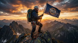 An adventurous wallpaper with a climber and DECA flag at sunset.