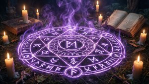 Lingkaran pemanggilan kuno dengan rune bercahaya dan lilin