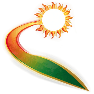 A stylized sun with orange rays arches over a green leaf-shaped path with glowing edges.