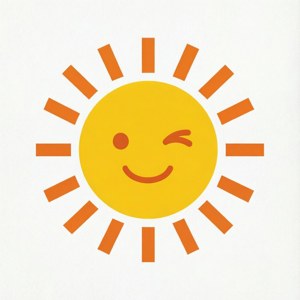 Minimalistisk flat vektor av en smilende sol som blunker på en ren hvit bakgrunn.