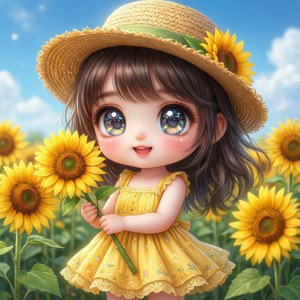 Sød chibi Tatara tapet med solsikker, kawaii stil.