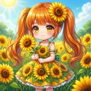Bright and cheerful chibi anime girl with sunflower