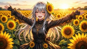 Isla di ladang bunga matahari saat jam emas, wallpaper anime yang ceria
