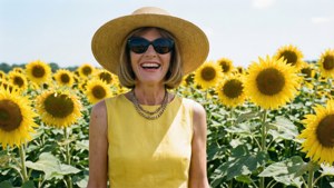 Anna Wintour in un campo di girasoli con un vestito giallo