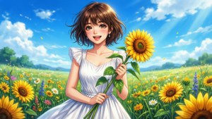 Amane dans un champ de tournesols avec une robe blanche et un sourire éclatant