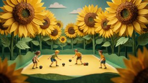 En finurlig papirudklips-scene med petanque blandt gigantiske solsikker