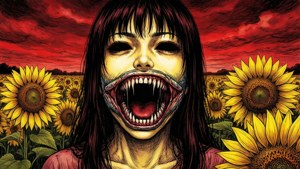 Uma mulher de Junji Ito com uma boca grotescamente esticada em um campo de girassóis