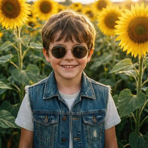 Garçon heureux en tenue vintage debout dans un champ de tournesols aux couleurs vives.