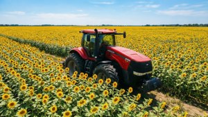 En Case IH-traktor omgitt av blomstrende solsikker, munter stemning.