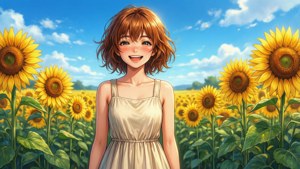 Blair profitant d'une journée ensoleillée dans un champ de tournesols