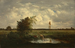 Sunlight by Théodore Rousseau, created c. 1848/1850, in oil on wood. Download this artwork as a high-resolution wallpaper for desktop, tablet, or mobile. — Théodore Rousseau Wallpaper