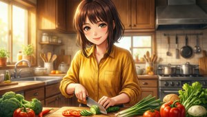 Megumi Tadokoro pilkkoo onnellisena vihanneksia lämpimässä keittiössä