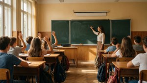 A cozy classroom with students engaged and teacher at chalkboard.