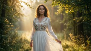 Emilie Mediz-Pelikan en un claro del bosque iluminado por el sol con un vestido blanco fluido