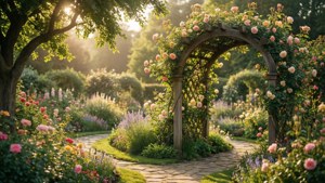 En lugn förtrollad trädgård badad i varmt solljus med en rustik berså och blommande blommor.