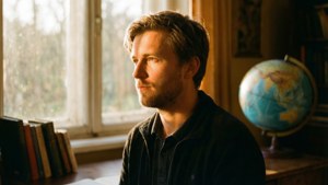 Een warm, rustig portret van Gabriel Ehinger bij een raam met een globe en boeken