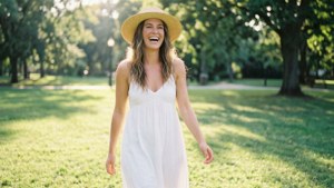 Melora Hardin geniet van een ontspannen dag in het park, casual en vrolijk.