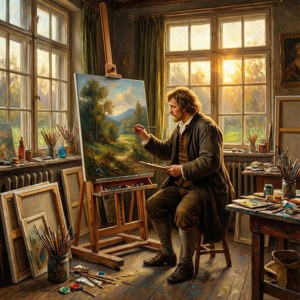 Johannes Evert van Leeuwen målar vid ett staffli i en solbelyst ateljé i impressionistisk stil.