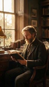 Henri Grégoir lukee vintage-viktoriaanisessa opiskeluhuoneessa, joka on kylpetty lämpimään kultaiseen valoon.